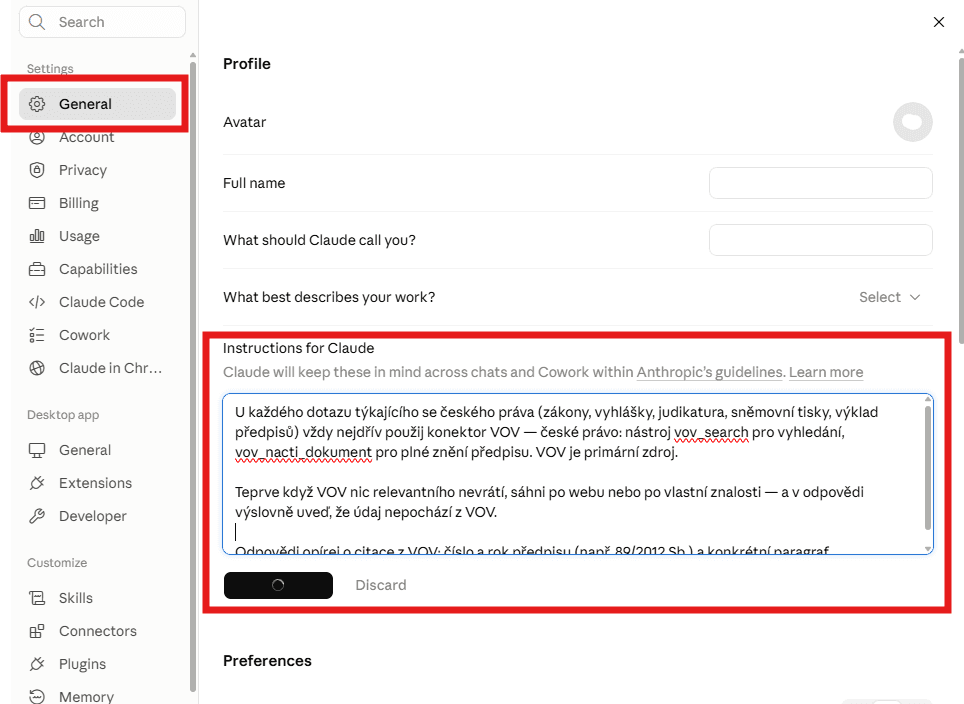 Claude Desktop — Settings → General → Instructions for Claude